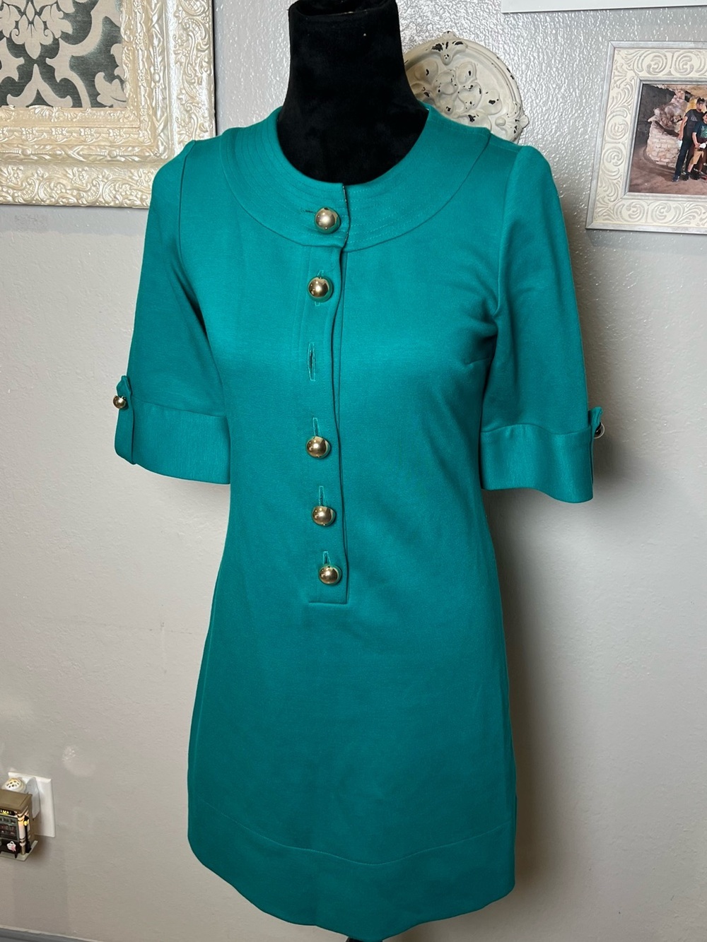 Teal Short Sleeve Button Front Shift Dress - Picture 5 of 12